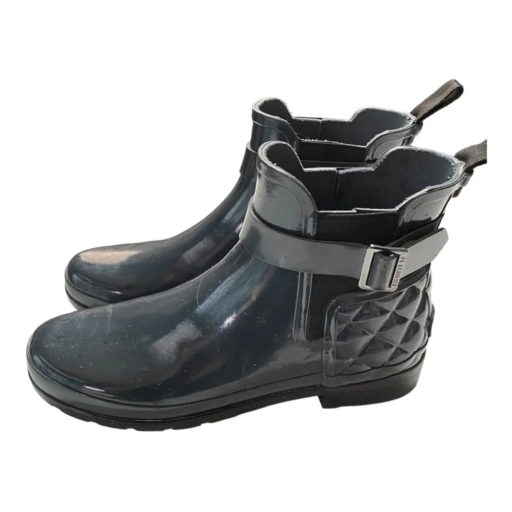 Hunter Original Navy Refined Quilted Gloss Chelsea Waterproof Ankle Boots - Sz 9